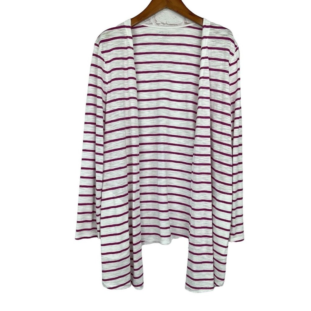 Chico's Ultimate Tee Open Front Cotton Cardigan Top Striped White Pink Sz 3
